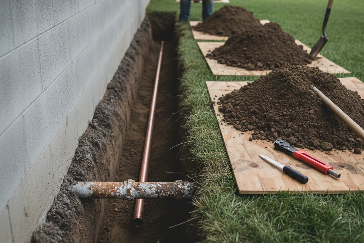 Excavated water line trench during Water Heater Repair in Port Sulphur